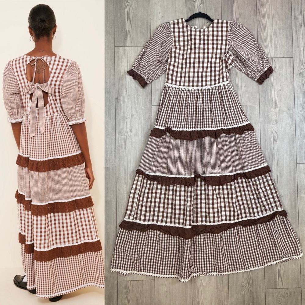 Neon Rose Gingham Tiered Puff Sleeve Maxi Dress Size Small Brown Back Tie Cotton